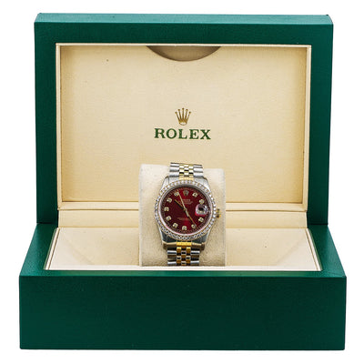 Rolex Datejust Diamond Watch, 16013 36mm, Red Diamond Dial With Two Tone Jubilee Bracelet