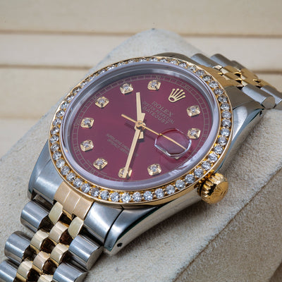 Rolex Datejust Diamond Watch, 16013 36mm, Red Diamond Dial With Two Tone Jubilee Bracelet