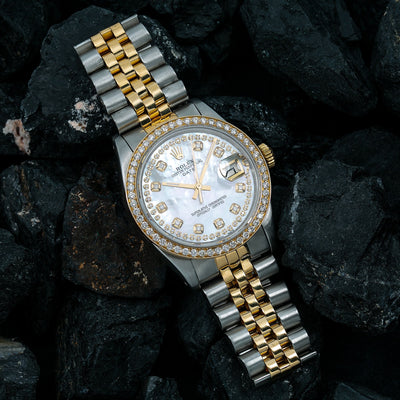 Rolex Oyster Perpetual Diamond Watch, Date 1500 34mm, Mother of Pearl Diamond Dial With Two Tone Oyster Bracelet