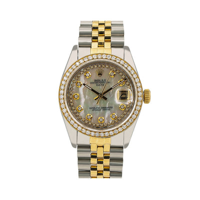 Rolex Oyster Perpetual Diamond Watch, Date 1500 34mm, Mother of Pearl Diamond Dial With Two Tone Oyster Bracelet