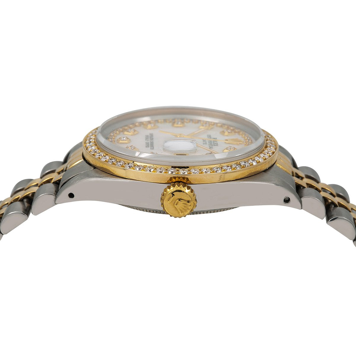 Rolex Oyster Perpetual Diamond Watch, Date 1500 34mm, Mother of Pearl Diamond Dial With Two Tone Oyster Bracelet