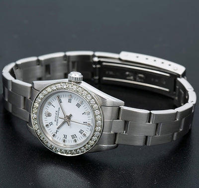 Rolex Oyster Perpetual Ladies Diamond Watch, 76094 26mm, White Diamond Dial With 0.80 CT Diamonds