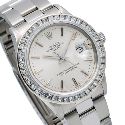 Rolex Oyster Perpetual Diamond Watch, Date 15010 34mm, Silver Dial With 2.5 CT Diamonds