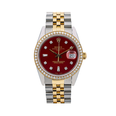 Rolex Oyster Perpetual Diamond Watch, Date 15053 34mm, Red Diamond Dial With Two Tone Jubilee Bracelet