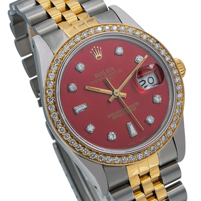 Rolex Oyster Perpetual Diamond Watch, Date 15053 34mm, Red Diamond Dial With Two Tone Jubilee Bracelet