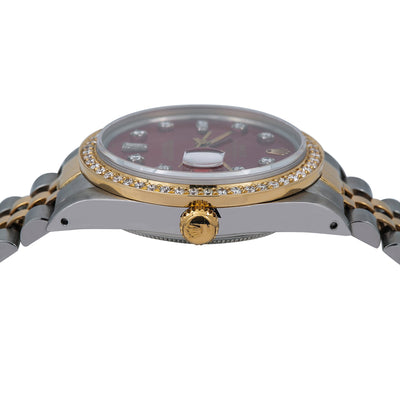 Rolex Oyster Perpetual Diamond Watch, Date 15053 34mm, Red Diamond Dial With Two Tone Jubilee Bracelet