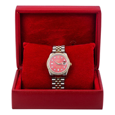 Rolex Oyster Perpetual Diamond Watch, Date 15053 34mm, Red Diamond Dial With Two Tone Jubilee Bracelet