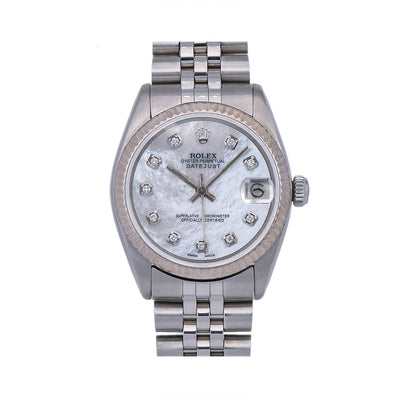 Rolex Datejust Diamond Watch, 68240, Silver Custom Diamond Mother of Pearl Dial With Stainless