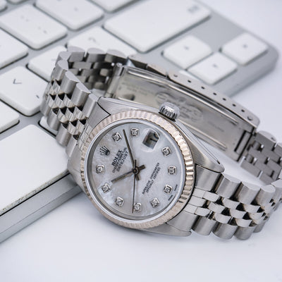 Rolex Datejust Diamond Watch, 68240, Silver Custom Diamond Mother of Pearl Dial With Stainless