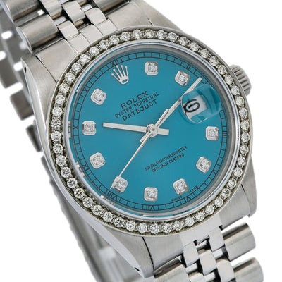 Rolex Datejust Diamond Watch, 16014 36mm, Blue Custom Diamond Dial With Stainless Steel Ju