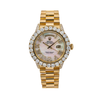 Rolex Day-Date Diamond Watch, 1803 36mm, White Mother of Pearl Diamond Dial With Yellow Gold Bracelet