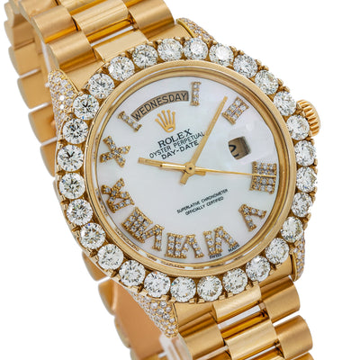 Rolex Day-Date Diamond Watch, 1803 36mm, White Mother of Pearl Diamond Dial With Yellow Gold Bracelet