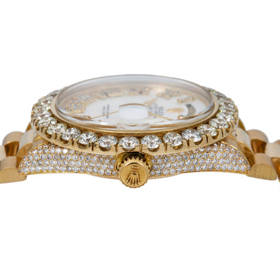 Rolex Day-Date Diamond Watch, 1803 36mm, White Mother of Pearl Diamond Dial With Yellow Gold Bracelet