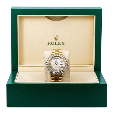 Rolex Day-Date Diamond Watch, 1803 36mm, White Mother of Pearl Diamond Dial With Yellow Gold Bracelet