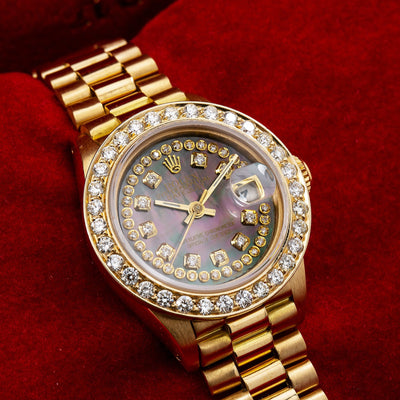 Rolex Lady-Datejust Diamond Watch, 6917 26mm, Black Diamond Dial With Yellow Gold Bracelet