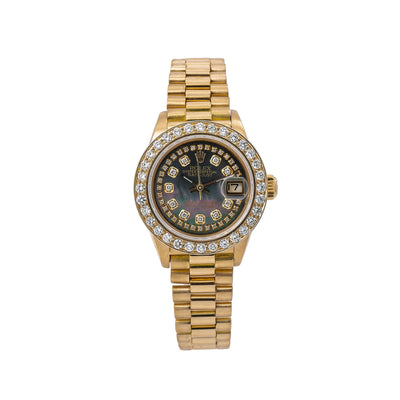 Rolex Lady-Datejust Diamond Watch, 6917 26mm, Black Diamond Dial With Yellow Gold Bracelet