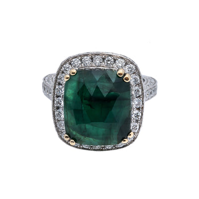 LADIES 18K  WHITE GOLD HAND RING WITH 1.73 CT DIAMONDS AND 5.88 CT EMERALD