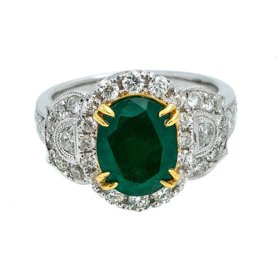 LADIES 18K WHITE GOLD HAND RING WITH 1.21 CT DIAMONDS AND 2.65 CT EMERALD