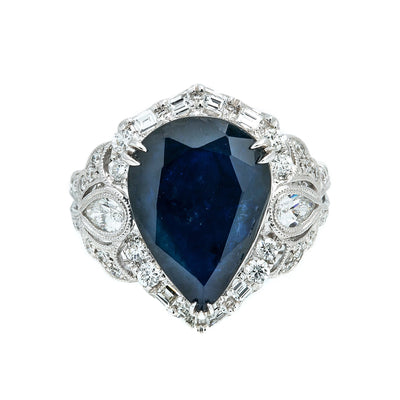 LADIES 18K WHITE GOLD HAND RING WITH 1.31 CT DIAMONDS AND 6.93 CT SAPPHIRE