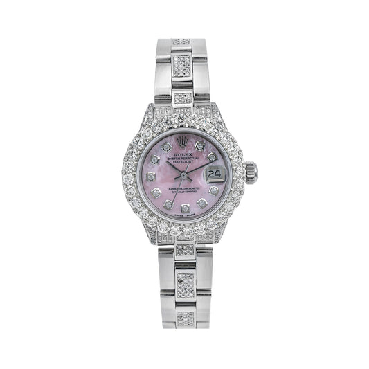 Rolex Oyster Perpetual Ladies Diamond Watch, Date 6916 26mm, Pink Mother of Pearl Diamond Dial With 4.25 CT Diamonds
