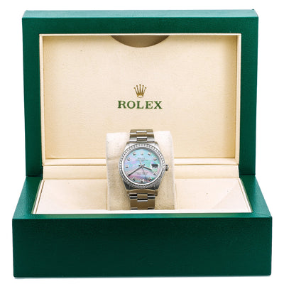 Rolex Oyster Perpetual Diamond Watch, Date 15000 34mm, Mother of Pearl Diamond Dial With 1.15 CT Diamonds