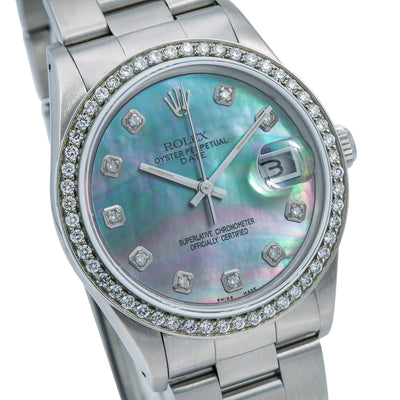 Rolex Oyster Perpetual Diamond Watch, Date 15000 34mm, Mother of Pearl Diamond Dial With 1.15 CT Diamonds