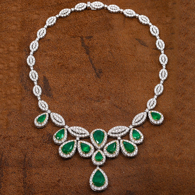 Fancy 18K White Gold 20" Emerald Prong Set Women's Necklace With 27.10 CT Diamonds