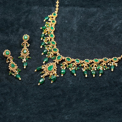 22K Yellow Gold and 16" Emerald Necklace With 15.00 CT Diamonds