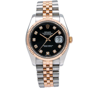 Rolex Datejust Diamond Watch, 116231 36mm, Black Custom Diamond Dial With Two Tone Bracelet