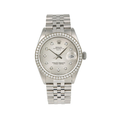 Rolex Oyster Perpetual Diamond Watch, Date 1501 34mm, Silver Diamond Dial With Stainless Steel Jubilee Bracelet