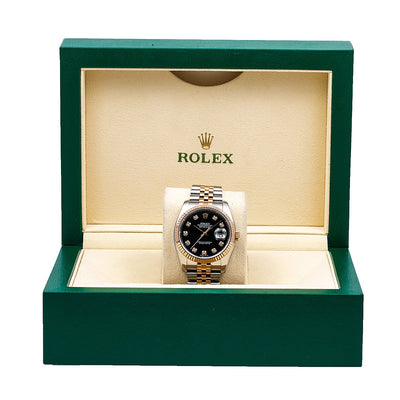 Rolex Datejust Diamond Watch, 116231 36mm, Black Custom Diamond Dial With Two Tone Bracelet