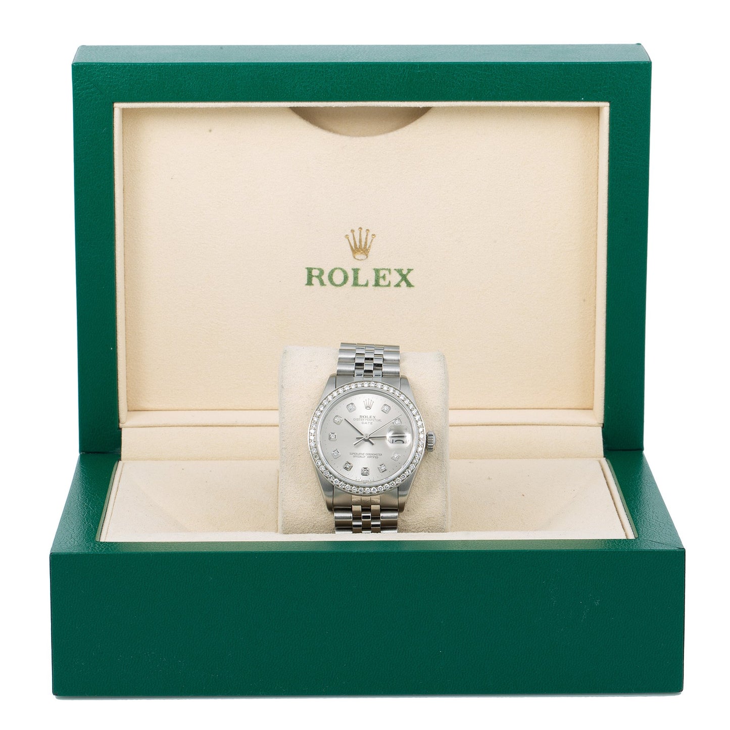 Rolex Oyster Perpetual Diamond Watch, Date 1501 34mm, Silver Diamond Dial With Stainless Steel Jubilee Bracelet