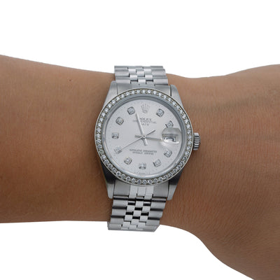 Rolex Oyster Perpetual Diamond Watch, Date 1501 34mm, Silver Diamond Dial With Stainless Steel Jubilee Bracelet