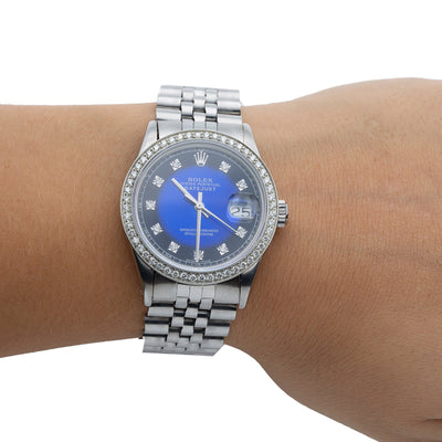 Rolex Oyster Perpetual Diamond Watch, Date 36mm, Blue Diamond Dial With Stainless Steel Jubilee Bracelet