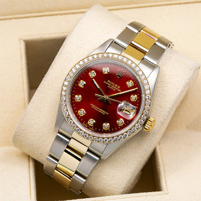 Rolex Oyster Perpetual Diamond Watch, Date 1505 34mm, Red Diamond Dial With 1.20 CT Diamonds