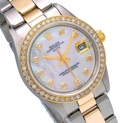 Rolex Oyster Perpetual Diamond Watch, Date 1500 34mm, Mother of Pearl Dial With 1.20 CT Diamonds