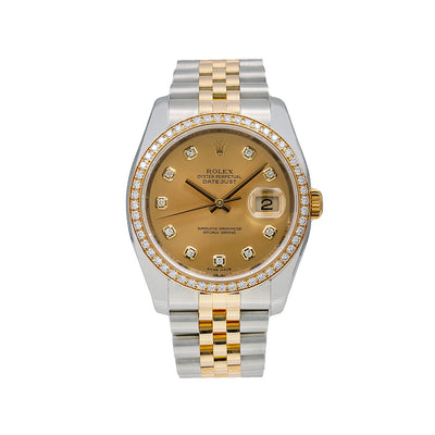 Rolex Datejust Diamond Watch, 116243 36mm, FACTORY Champagne Diamond Dial With Two Tone Jubilee Bracelet