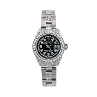 Rolex Lady-Datejust Diamond Watch, 6917 26mm, Black Diamond Dial With 3.75 CT Diamonds