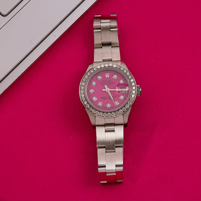 Rolex Oyster Perpetual Diamond Watch, Datejust 6916 26mm, Pink Diamond Dial With 0.90 CT Diamonds