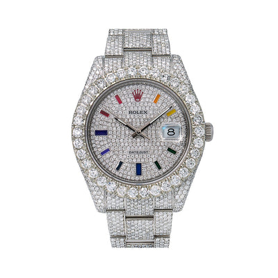 Rolex Datejust II Diamond Watch, 116300 41mm, Rainbow Custom Diamond Dial With 22.75 CT Diamonds Flower Setting