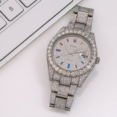 Rolex Datejust II Diamond Watch, 116300 41mm, Rainbow Custom Diamond Dial With 22.75 CT Diamonds Flower Setting