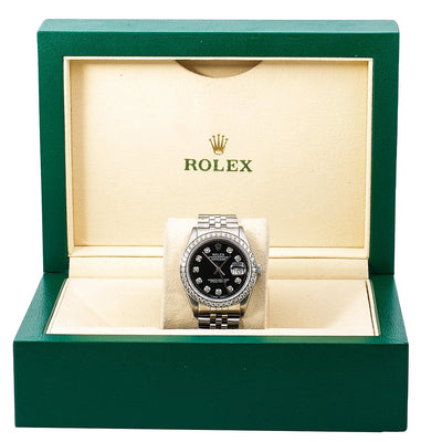 Rolex Oyster Perpetual Diamond Watch, Datejust 16014 36mm, Black Diamond Dial With 1.40 CT Diamonds