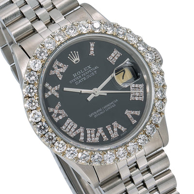 Rolex Oyster Perpetual Diamond Watch, Datejust 16014 36mm, Black Diamond Dial With 3.25 CT Diamonds