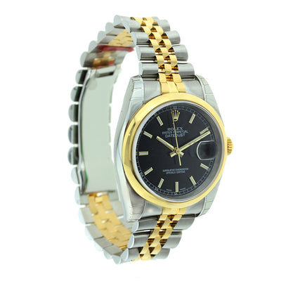 Rolex Oyster Perpetual Datejust Two Tone Stainless Steel and Yellow Gold Black Dial 36MM 116203