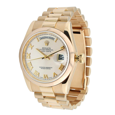 Rose Gold Rolex Day Date Presidential 36mm Pink Champagne Roman Numeral Dial 18K Rose Gold