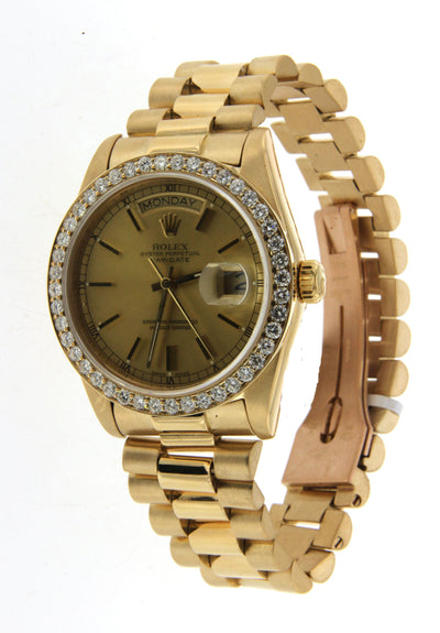 Rolex Day-Date Diamond Watch, 36mm, President 18K Yellow Gold Champagne Dial W/ Diamond Bezel