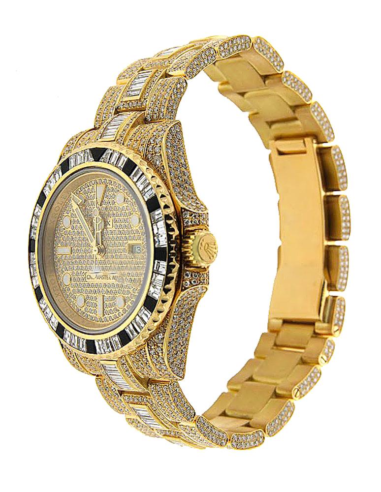 18K Yellow Gold Rolex Diamond Watch, GMT Master II 116758 40mm, Diamond Dial W/ 40CT Diamond Bezel, Lugs and Bracelet