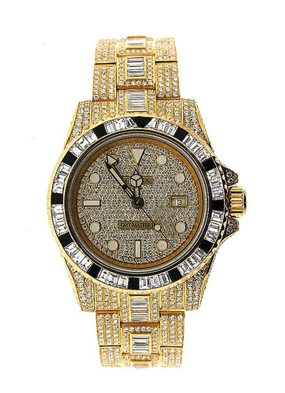 18K Yellow Gold Rolex Diamond Watch, GMT Master II 116758 40mm, Diamond Dial W/ 40CT Diamond Bezel, Lugs and Bracelet