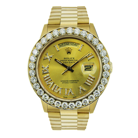 18K Yellow Gold Rolex Diamond Watch, Day Date 36mm, Champagne with Roman Numerals With 4CT Diamond Bezel
