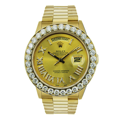 18K Yellow Gold Rolex Diamond Watch, Day Date 36mm, Champagne with Roman Numerals With 4CT Diamond Bezel